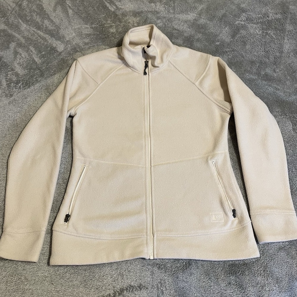 REI Jacket Women's Medium Beige Full Zip Fleece Mock Neck Outdoors Coat